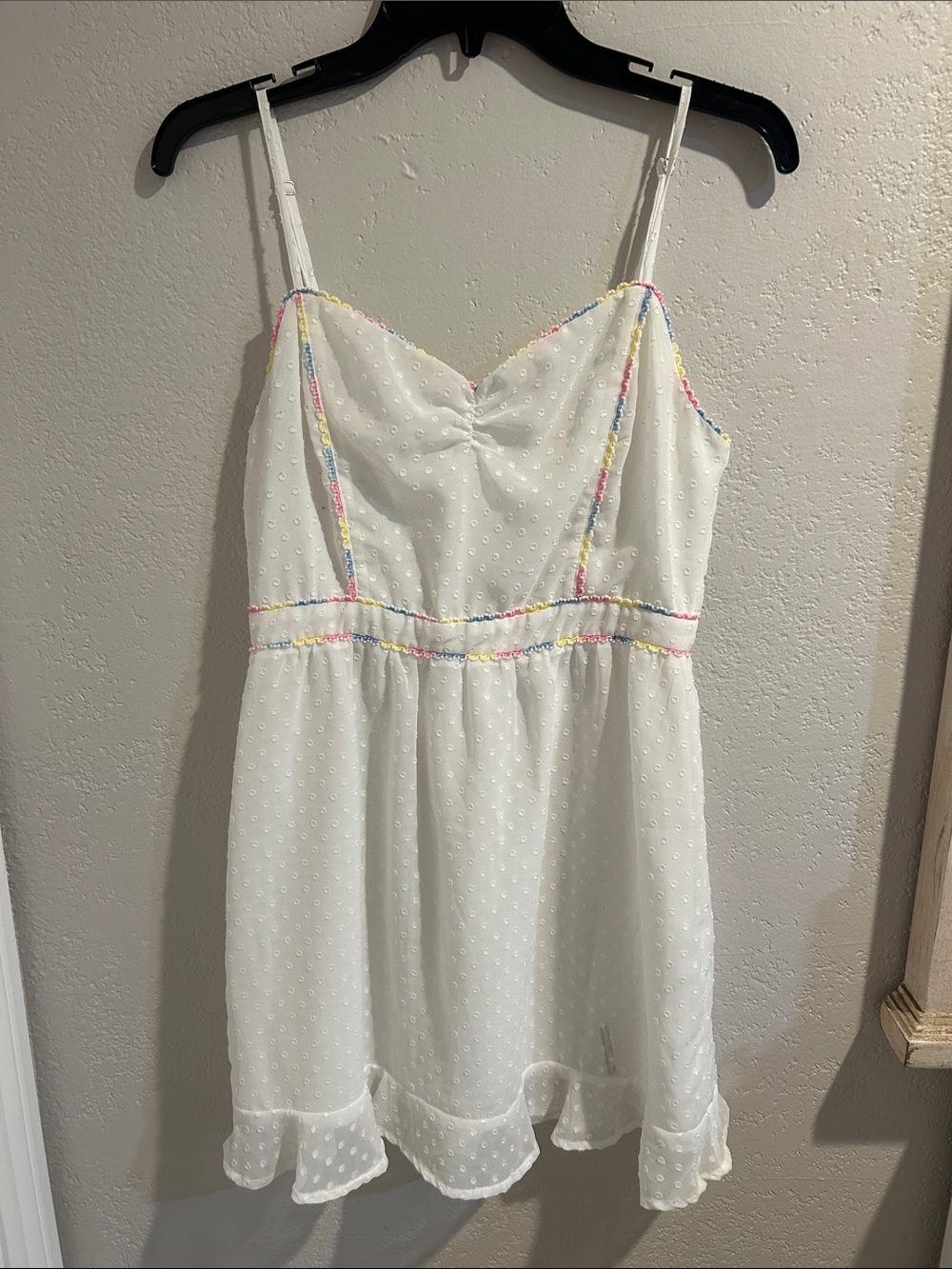 White Swiss Dot Dress with Pastel Trim